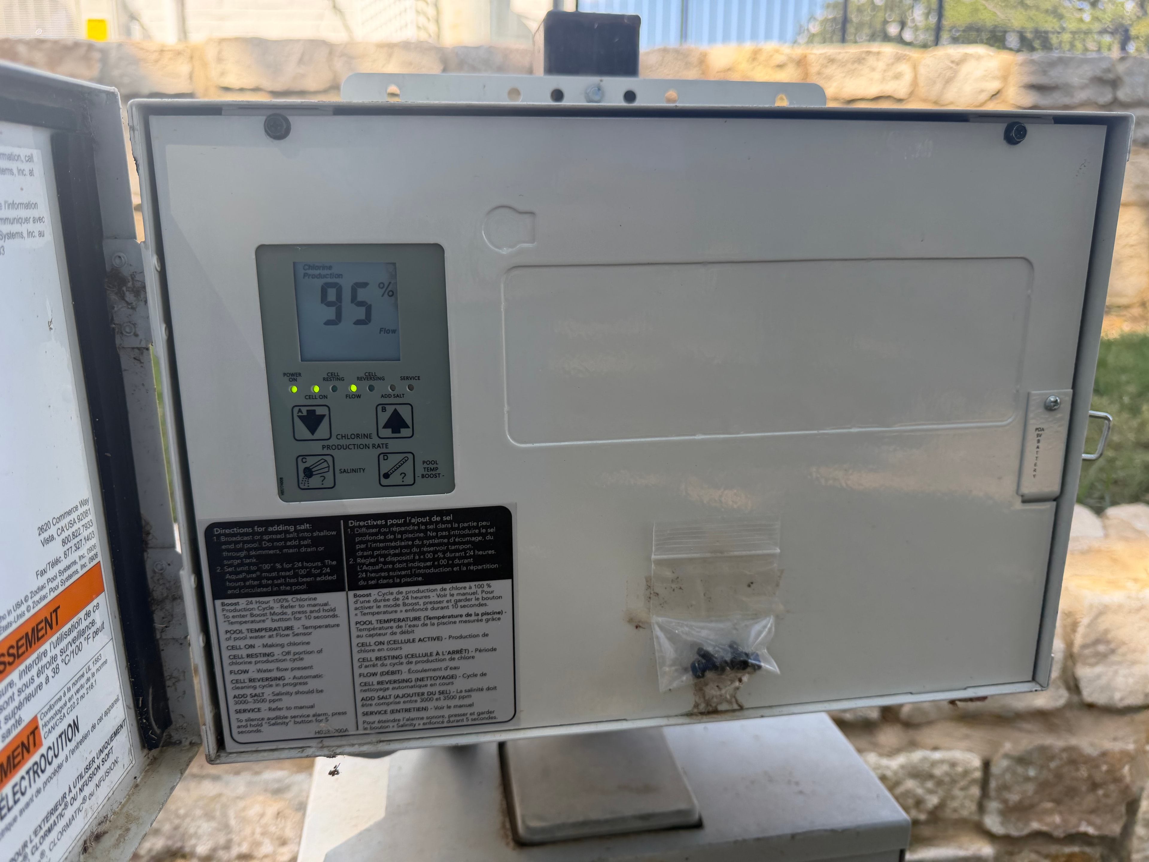 Salt generator control board operating normally at 95% chlorine production after repair